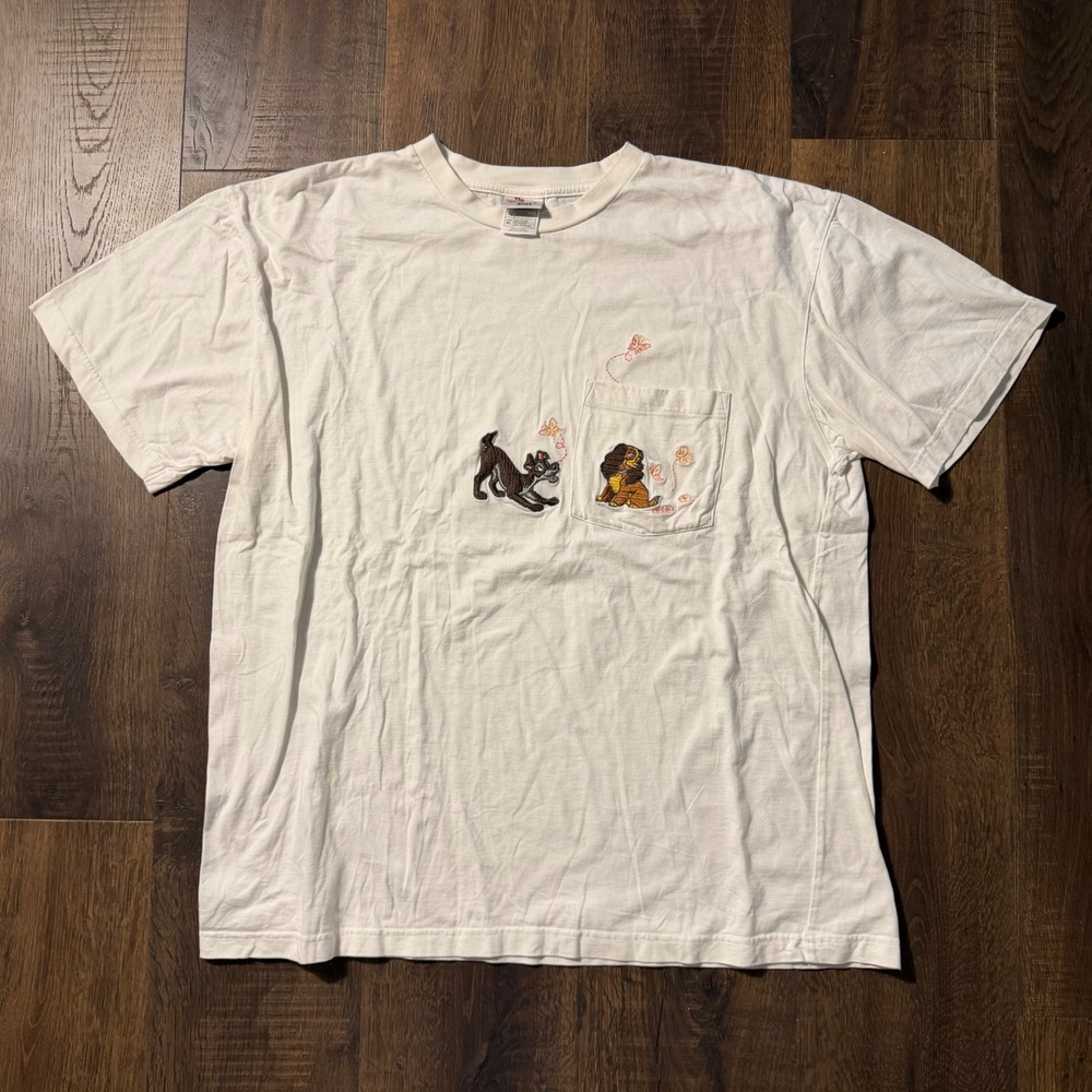 Vintage Disney Lady and the Tramp Shirt XL Embroidered Pocket White Y2K